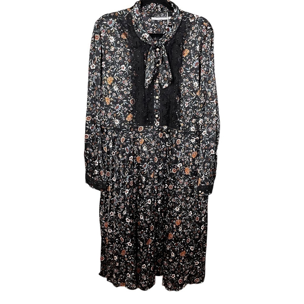 DALIA Macphee Floral Pleated Long Sleeve Midi Dress Black‎ Size 3x New - Picture 3 of 15